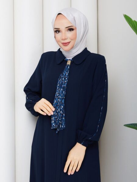 Fular Detaylı Lacivert Rabia Kumaş Tesettür Ferace