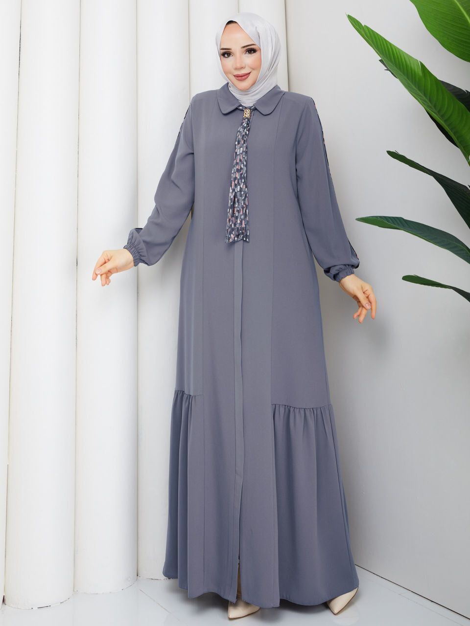 Fular Detaylı Gri Rabia Kumaş Tesettür Ferace