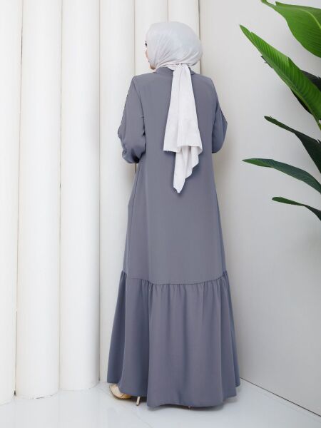 Fular Detaylı Gri Rabia Kumaş Tesettür Ferace