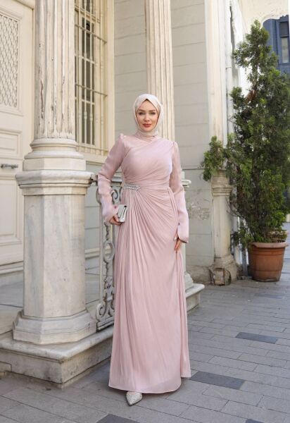 Pembe Taş Detaylı Abiye Elbise