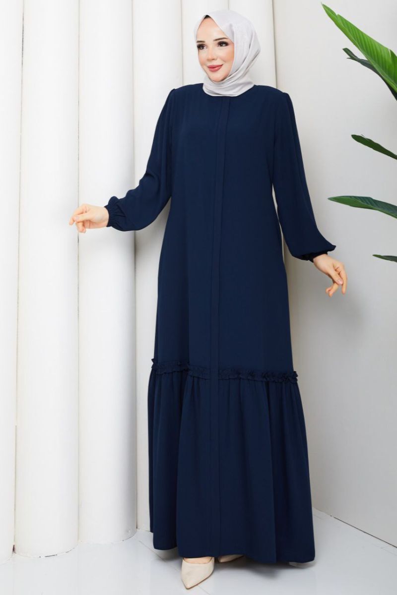 Lacivert Fırfır Detaylı Rabia Kumaş Tesettür Elbise