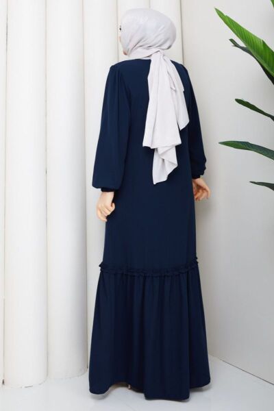 Lacivert Fırfır Detaylı Rabia Kumaş Tesettür Elbise