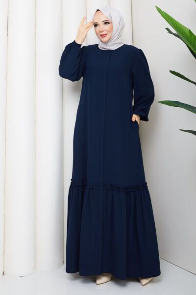 Lacivert Fırfır Detaylı Rabia Kumaş Tesettür Elbise