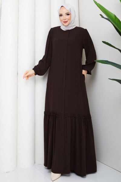 Kahve Fırfır Detaylı Rabia Kumaş Tesettür Elbise