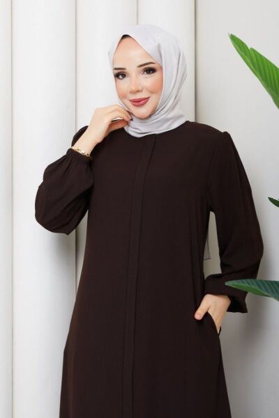 Kahve Fırfır Detaylı Rabia Kumaş Tesettür Elbise