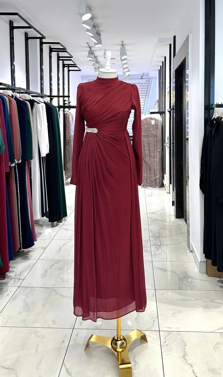 Bordo Taş Detaylı Abiye Elbise