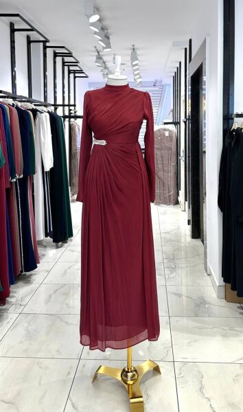 Bordo Taş Detaylı Abiye Elbise