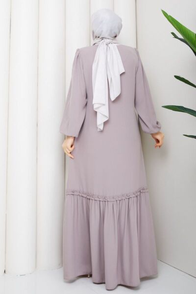 Lila Fırfır Detaylı Rabia Kumaş Tesettür Elbise