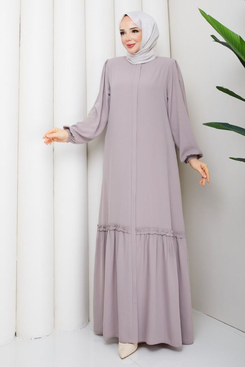 Lila Fırfır Detaylı Rabia Kumaş Tesettür Elbise