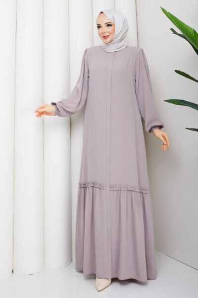 Lila Fırfır Detaylı Rabia Kumaş Tesettür Elbise