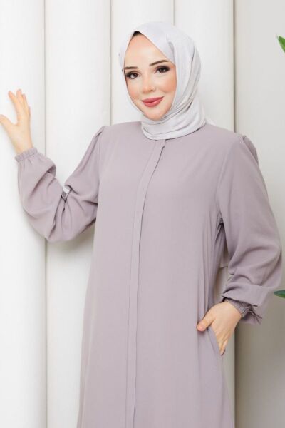 Lila Fırfır Detaylı Rabia Kumaş Tesettür Elbise