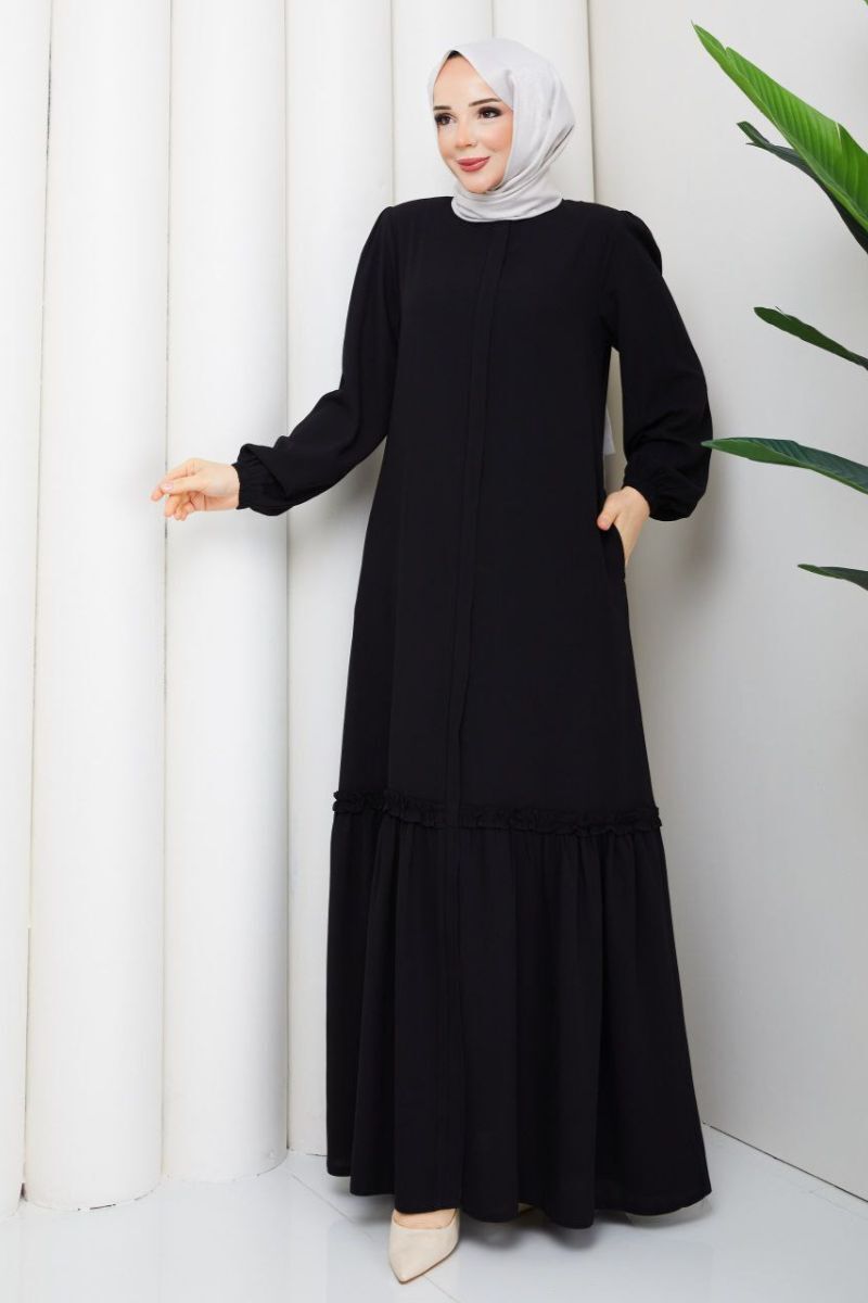 Siyah Fırfır Detaylı Rabia Kumaş Tesettür Elbise