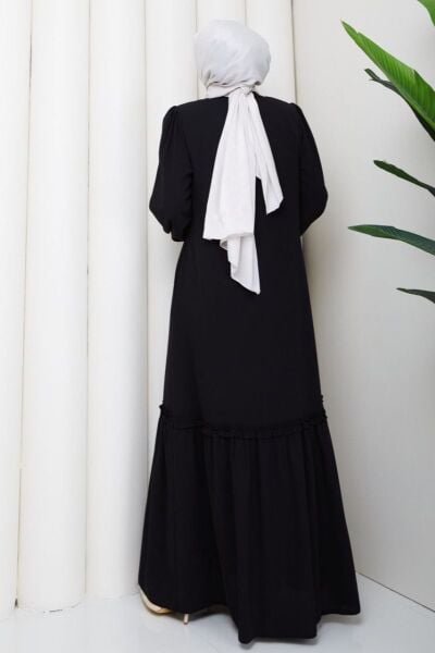 Siyah Fırfır Detaylı Rabia Kumaş Tesettür Elbise