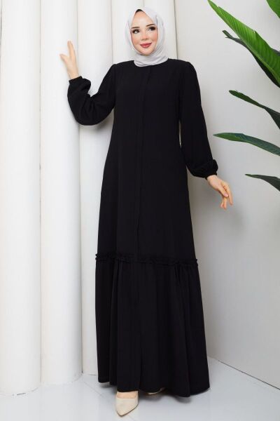Siyah Fırfır Detaylı Rabia Kumaş Tesettür Elbise