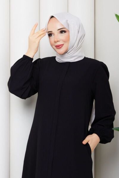 Siyah Fırfır Detaylı Rabia Kumaş Tesettür Elbise