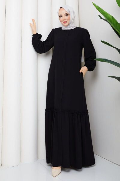 Siyah Fırfır Detaylı Rabia Kumaş Tesettür Elbise