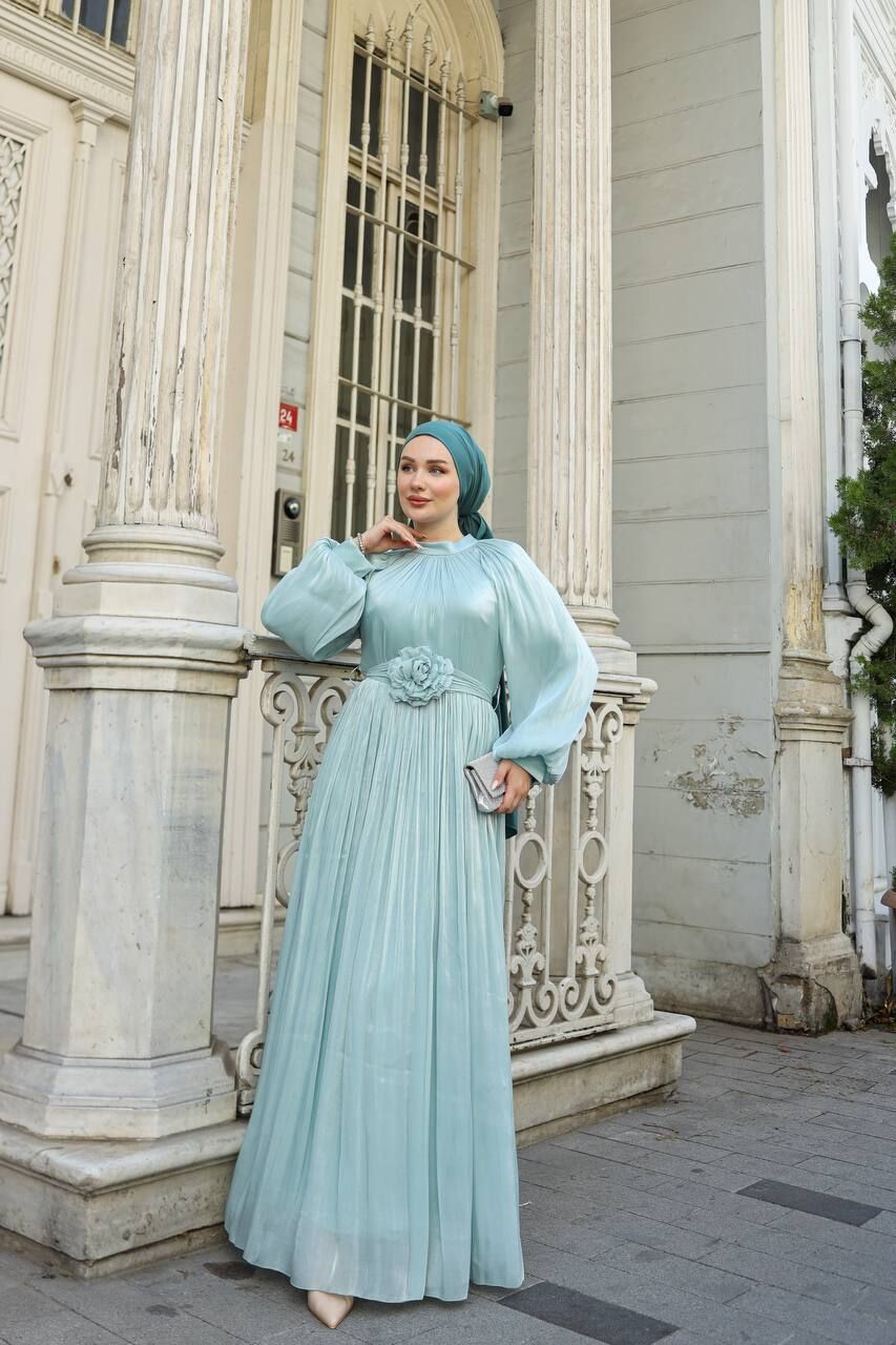 Dökümlü Piliseli Etekli Su Yeşili Abiye