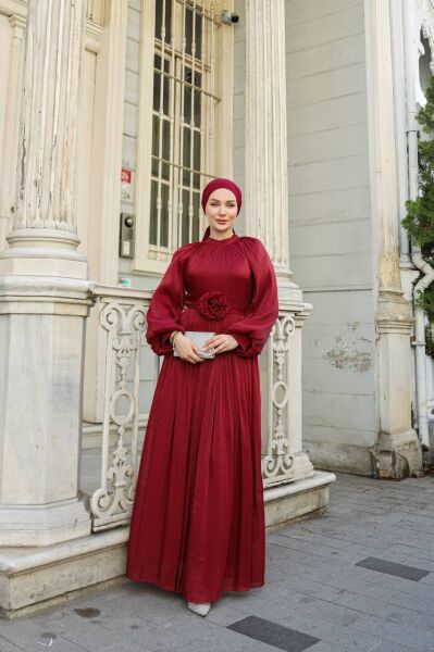 Dökümlü Piliseli Etekli Bordo Abiye