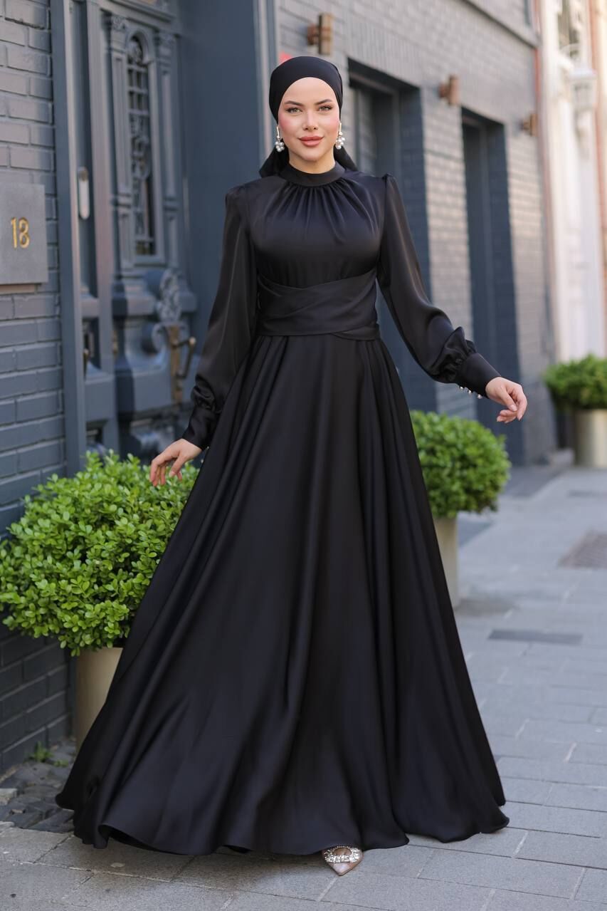 Saten Kumaş Uzun Kollu Abiye