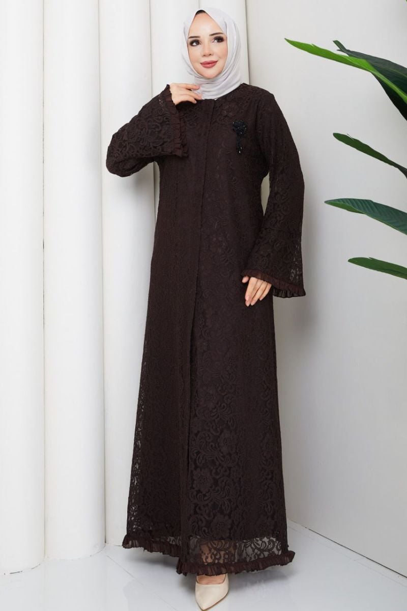 Lavin Kahve Dantel Ferace - Broş Detaylı