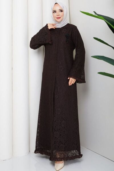 Lavin Kahve Dantel Ferace - Broş Detaylı