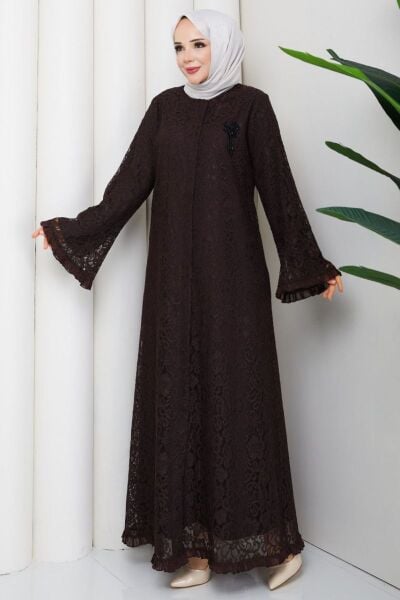 Lavin Kahve Dantel Ferace - Broş Detaylı