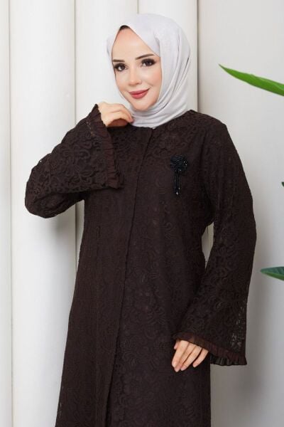 Lavin Kahve Dantel Ferace - Broş Detaylı