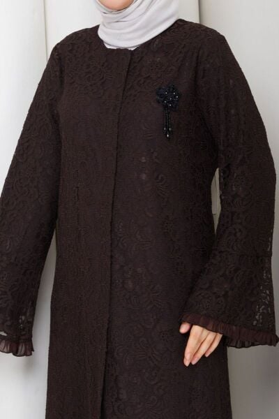 Lavin Kahve Dantel Ferace - Broş Detaylı