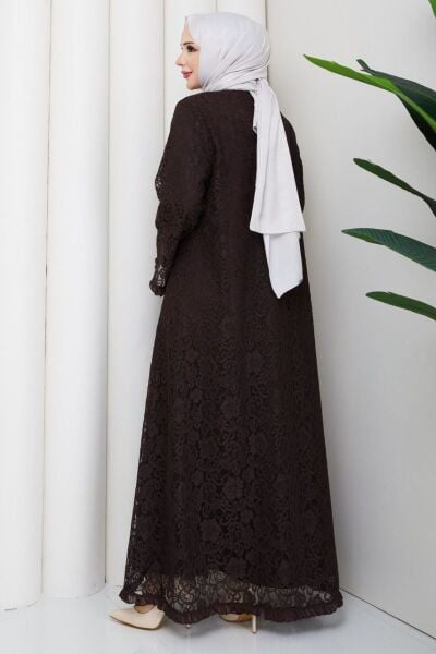 Lavin Kahve Dantel Ferace - Broş Detaylı