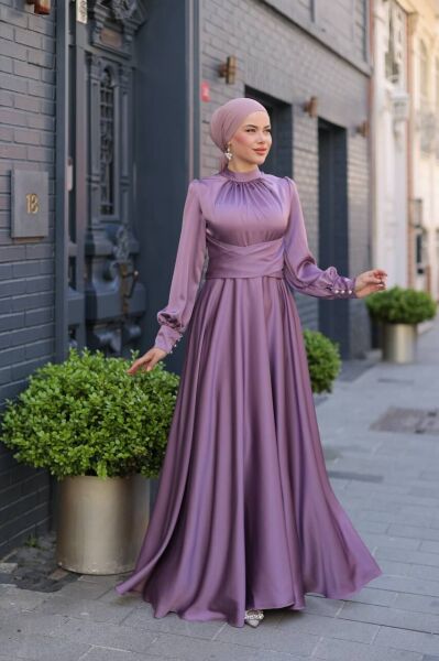 Saten Kumaş Uzun Kollu Abiye Mor - 38