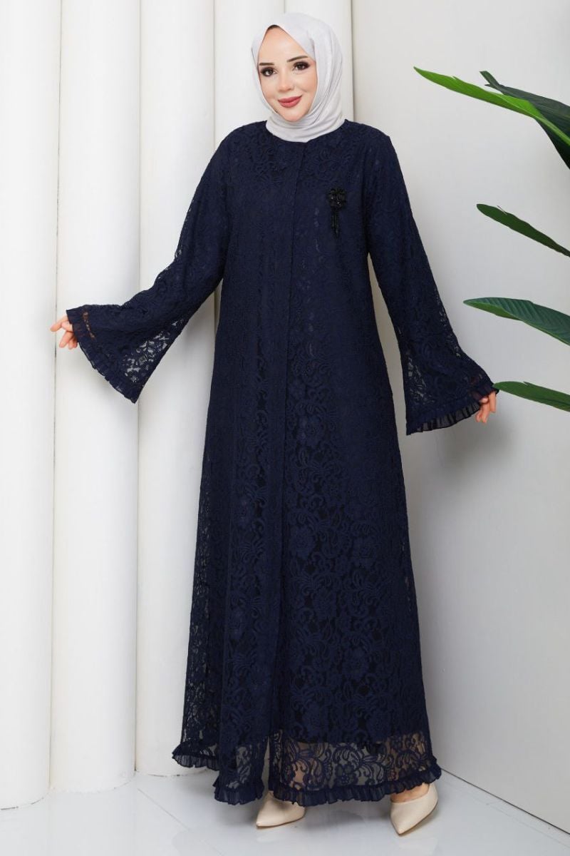 Lavin Lacivert Dantel Ferace - Broş Detaylı