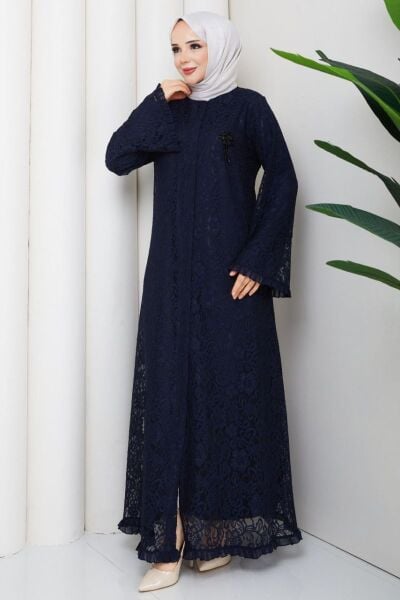 Lavin Lacivert Dantel Ferace - Broş Detaylı