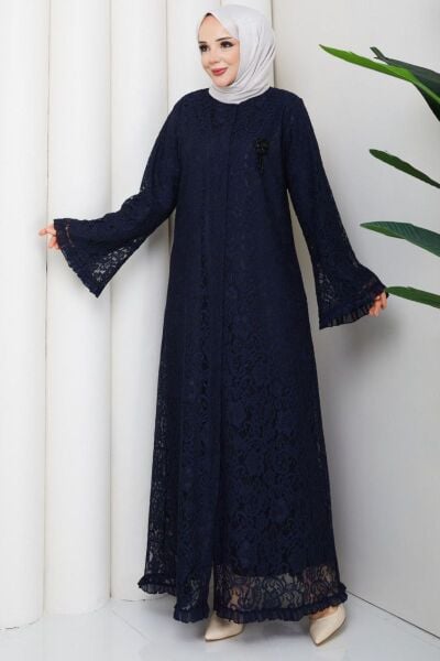 Lavin Lacivert Dantel Ferace - Broş Detaylı