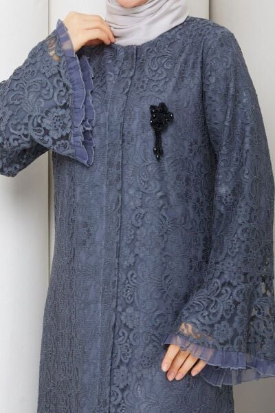 Lavin Mavi Dantel Ferace - Kristal Broş Detaylı