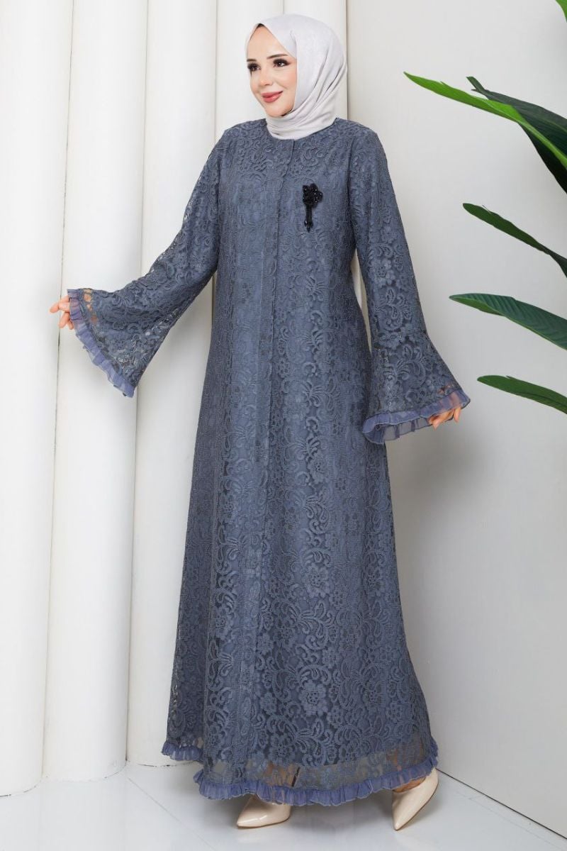 Lavin Mavi Dantel Ferace - Kristal Broş Detaylı