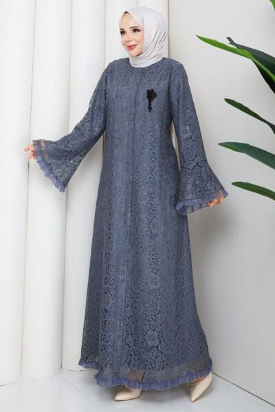 Lavin Mavi Dantel Ferace - Kristal Broş Detaylı