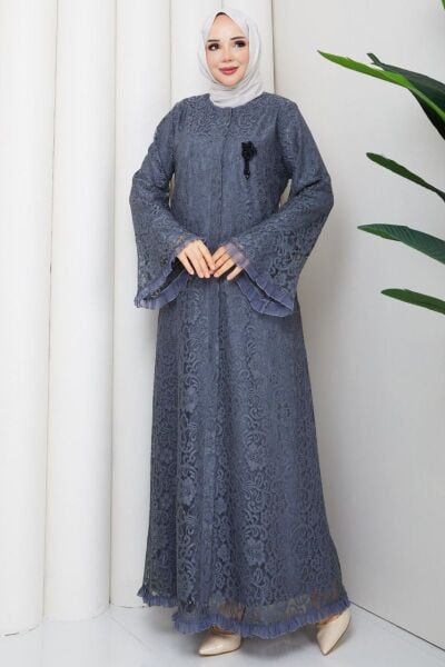 Lavin Mavi Dantel Ferace - Kristal Broş Detaylı