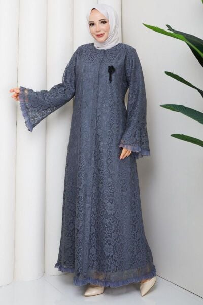 Lavin Mavi Dantel Ferace - Kristal Broş Detaylı