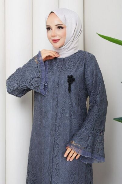 Lavin Mavi Dantel Ferace - Kristal Broş Detaylı