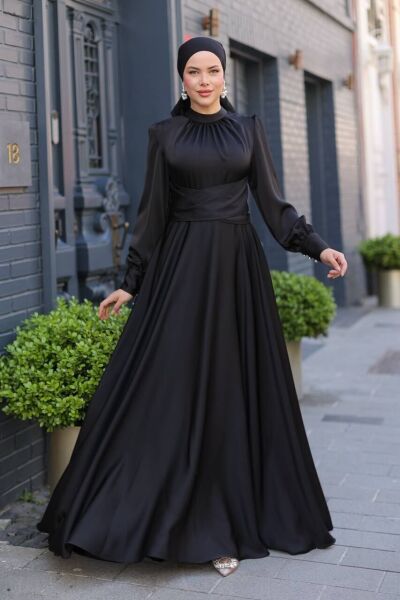 Saten Kumaş Uzun Kollu Abiye Siyah - 46