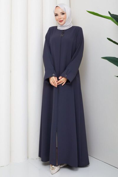 Lidya Füme Buhara Ferace - Taşlı ve Fermuar Detaylı