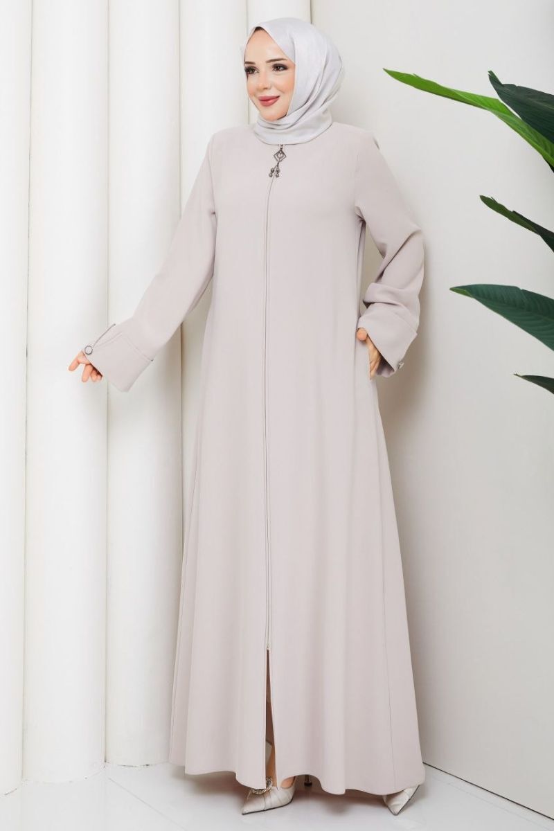 Lidya Taş Rengi Buhara Ferace - Taşlı ve Fermuar Detaylı