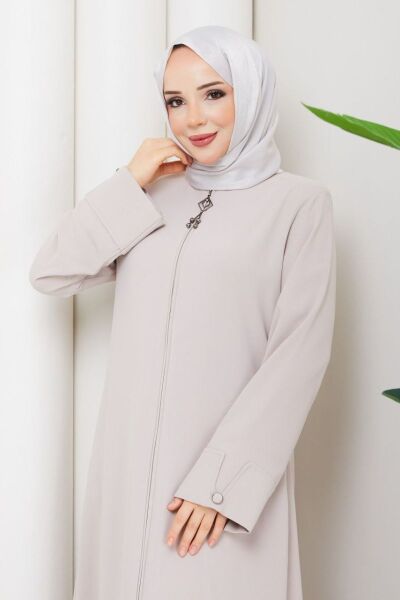 Lidya Taş Rengi Buhara Ferace - Taşlı ve Fermuar Detaylı