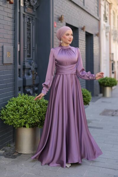 Saten Kumaş Uzun Kollu Abiye Mor - 42