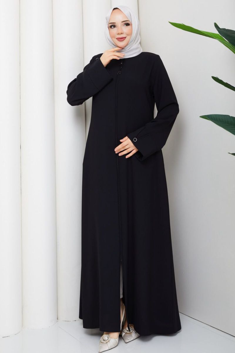 Lidya Siyah Buhara Ferace - Taş İşlemeli ve Fermuarlı