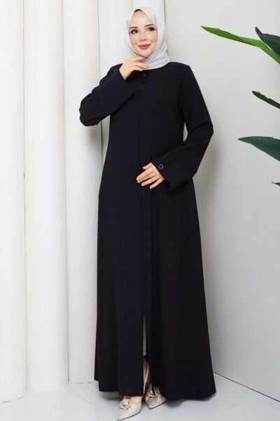 Lidya Siyah Buhara Ferace - Taş İşlemeli ve Fermuarlı