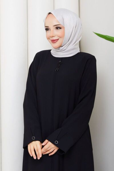 Lidya Siyah Buhara Ferace - Taş İşlemeli ve Fermuarlı