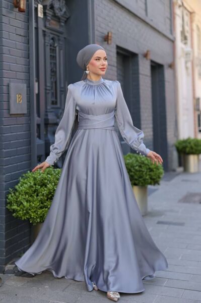 Saten Kumaş Uzun Kollu Abiye Gümüş Gri - 38