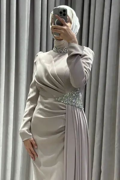Luna Krem Taş İşlemeli Saten Tesettür Abiye