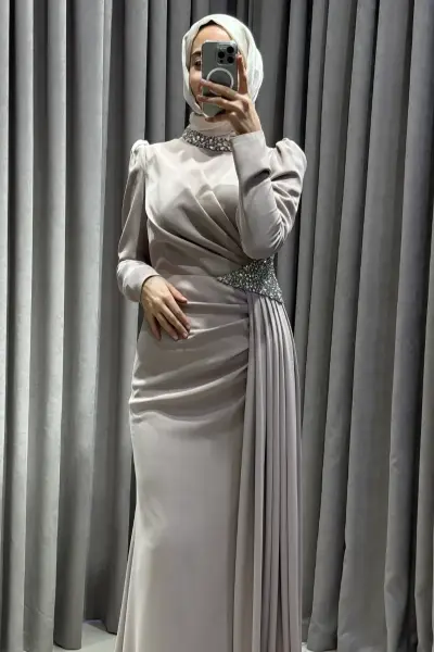 Luna Krem Taş İşlemeli Saten Tesettür Abiye